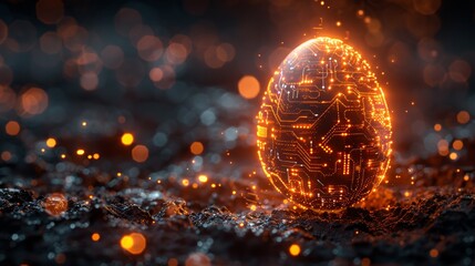Glowing digital modern illustration of an abstract 3D egg with circuit board texture. Greeting card in tech futuristic style.