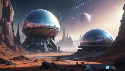 Fototapeta na wymiar Technological city on Mars. Glass dome where people live.