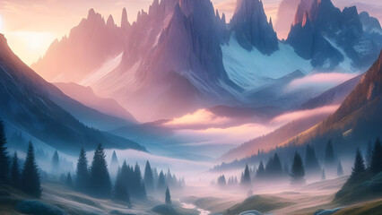 Tranquil Alpine Dawn: Snow-Capped Peaks, Pastel Sky, Silvery Stream, Wildflowers, and Crisp Air