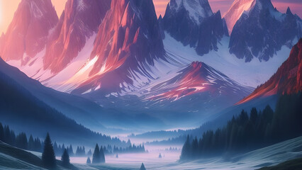 Tranquil Alpine Dawn: Snow-Capped Peaks, Pastel Sky, Silvery Stream, Wildflowers, and Crisp Air - obrazy, fototapety, plakaty