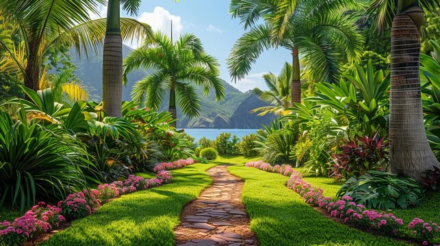 Tropical palm trees with lush foliage growing in an azores garden