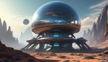 Fototapeta na wymiar Technological city on Mars. Glass dome where people live.