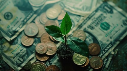 A green plant sprouts from soil surrounded by a mixture of coins and paper money, symbolizing growth and investment - obrazy, fototapety, plakaty