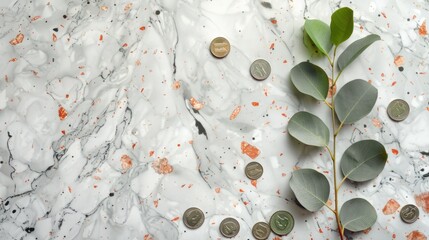 A serene composition of a eucalyptus branch alongside various international coins scattered on a white marble background with orange specks