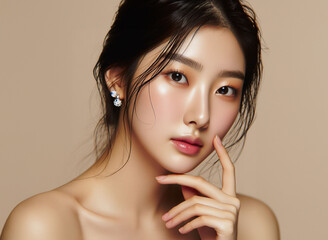 pretty young asian woman beautiful model profile photoshoot korean makeup skincare closeup looking into camera hand on chin posing with flawless skin product photoshoot innocent eyes