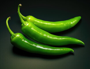 Three vibrant green chili peppers arranged on a sleek black surface.