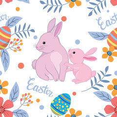Happy Easter egg concept. Bunny with Easter egg and flowers seamless pattern for fabric textile wallpaper gift wrapping paper.