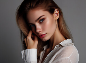 pretty young caucasian woman beautiful white female model profile photoshoot korean makeup skincare closeup smirk looking into camera hand on chin posing with flawless skin product photoshoot pose