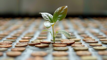 Fototapeta na wymiar Image captures a green seedling growing among scattered coins on a reflective metallic surface, metaphor for ROI