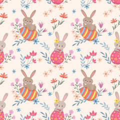 Happy Easter egg concept. Bunny with Easter egg and flowers seamless pattern for fabric textile wallpaper gift wrapping paper.