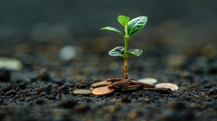A plant emerges from a pile of various coins buried in rich soil, symbolizing growth and investment