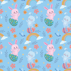 Obraz premium Happy Easter egg concept. Bunny with Easter egg, rainbow and flowers seamless pattern for fabric textile wallpaper gift wrapping paper.