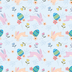 Happy Easter egg concept. Bunny with Easter egg and flowers seamless pattern for fabric textile wallpaper gift wrapping paper.
