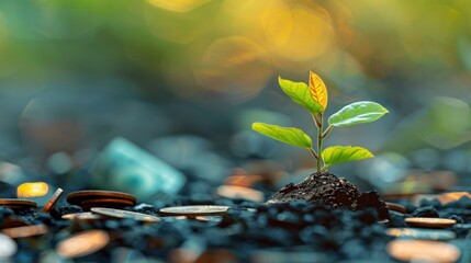 An image showcasing a vibrant young plant amidst numerous coins on soil, exemplifying investment and growth
