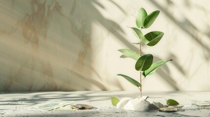 A young plant with fresh leaves rises amid coins, symbolizing financial growth and investments in a natural setting