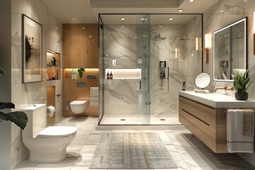 A bathroom with a toilet. sink and shower for advertising - obrazy, fototapety, plakaty