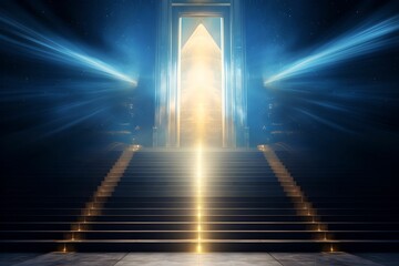 Glowing Door of Financial Opportunities, captivating, staircase, bright, wealth - obrazy, fototapety, plakaty