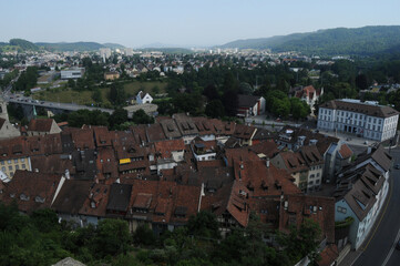 Fototapeta na wymiar Switzerland: The old town of Baden City in canton Aargau with the Bridge to Wetting and view to Zürich