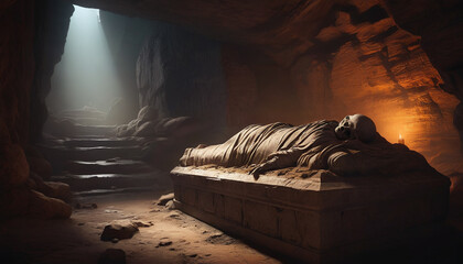 Closed sarcophagus in a cave surrounded by the glow of divine light.

