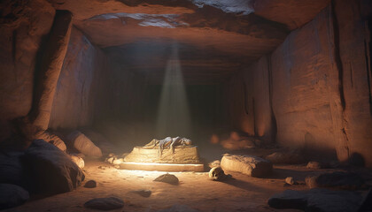 Closed sarcophagus in a cave surrounded by the glow of divine light.

 - obrazy, fototapety, plakaty