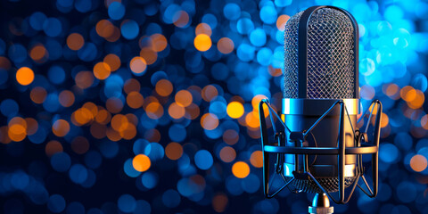 A sleek microphone with cradle mount against a blue bokeh background, featuring abundant copyspace, ideal for recording studio-quality audio. - obrazy, fototapety, plakaty