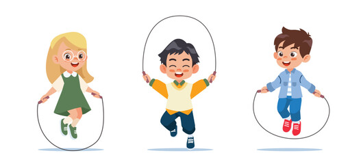 Cute boys and girls play jumping on a rope.