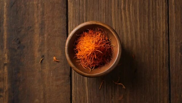 Saffron in a bowl on a wooden table 