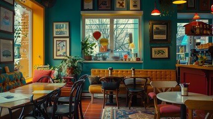 Vibrant Teal Coffee Shop Interior with Colorful Decor and Warm Lighting