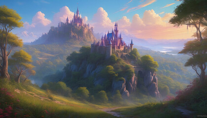 Magical castle on a great hill. Fantasy. Generative AI.

 - obrazy, fototapety, plakaty