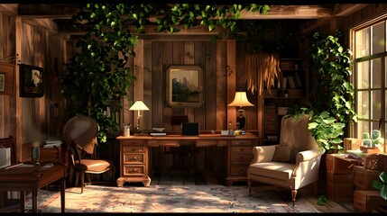 Warm Rustic Home Office with Antique Furniture and Lush Greenery