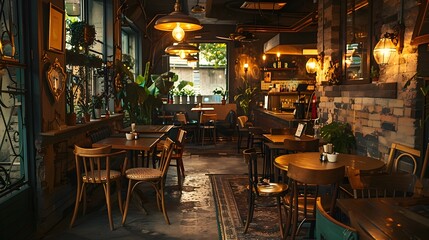 Fototapeta premium Warm Wooden Cozy Retro Coffee Shop Interior Inviting Guests for Relaxation