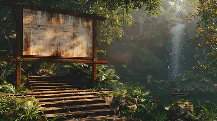 Wooden Billboard in Lush Jungle with Adjacent Waterfall Staircase - obrazy, fototapety, plakaty