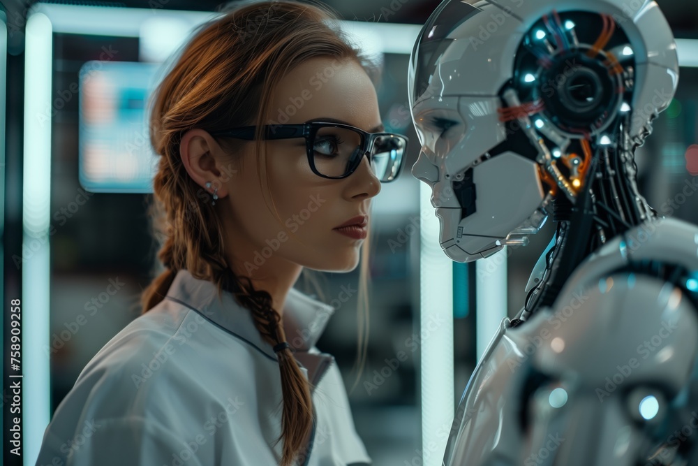 Poster female scientist studying advanced humanoid robot. female scientist analyzing and interacting with a