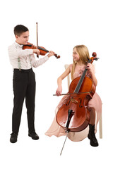 Boy and girl playing violin and cello