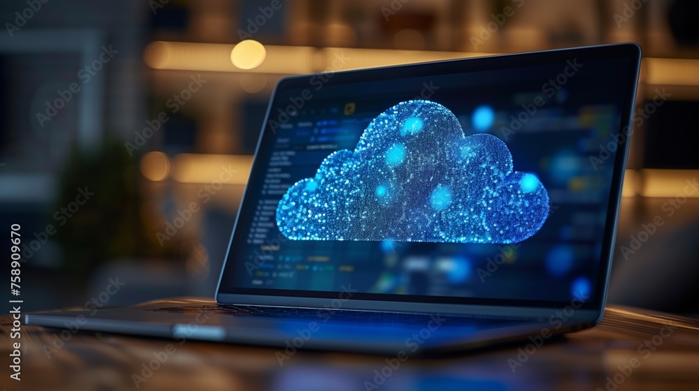 Poster cloud computing concept on laptop screen. laptop screen displaying a glowing cloud computing icon, s