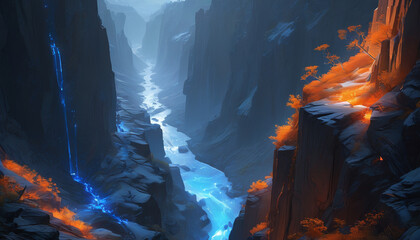 Fototapeta premium Mountain landscape featuring jagged rocks in a blue hue. Generative AI.