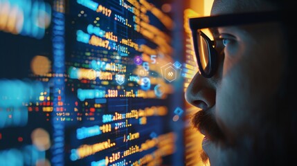 Closeup of male face in glasses looking at screen with digital code, developer coding new software, searching for errors, symbols reflecting on right side and glasses. 