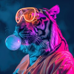 Surreal scene of a tiger in vibrant colors blowing a bubble with bright glasses on