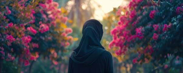 Serene Beauty. Muslim Woman Standing in a Forest, Pink Flowering Trees - obrazy, fototapety, plakaty