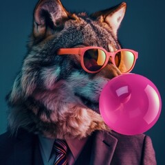 A stylish cat with a retro-inspired look, confidently blowing a pink bubble gum