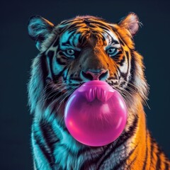 A magnificent tiger with intense gaze blows a glowing pink bubble gum in a powerful and surreal close-up image