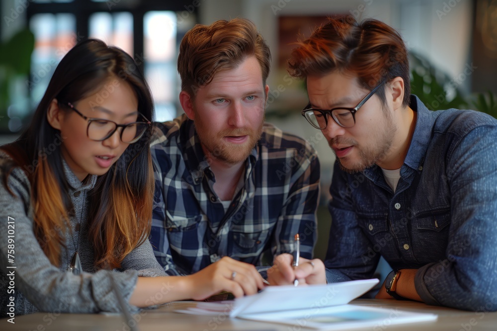 Poster creative team brainstorming session at work. three diverse colleagues collaborating and brainstormin