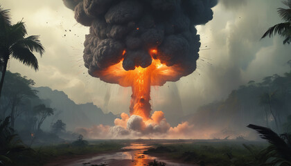 War scarecrow. Atomic bomb explosion in the jungle.

 - obrazy, fototapety, plakaty