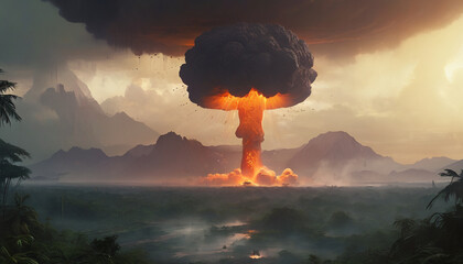 War scarecrow. Atomic bomb explosion in the jungle.

 - obrazy, fototapety, plakaty