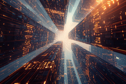 Abstract 3d city rendering with lines and digital elements. 