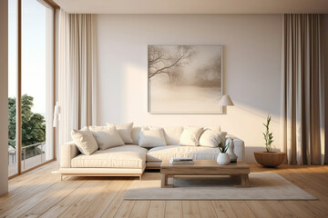 Contemporary white frame against beige and Scandinavian ambiance, providing a view of a modern living room with plain walls, wooden floor, and a subtle touch of nature.