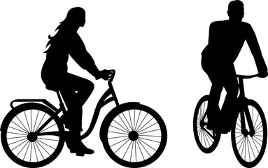 man and woman on a bicycle silhouette on a white background, vector - obrazy, fototapety, plakaty