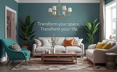 "Transform your space, transform your life." showcases a contemporary living room with chic furniture and lush houseplants creating a serene atmosphere.