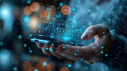 Smartphone in hand with hologram Mobile phone concept with online payment