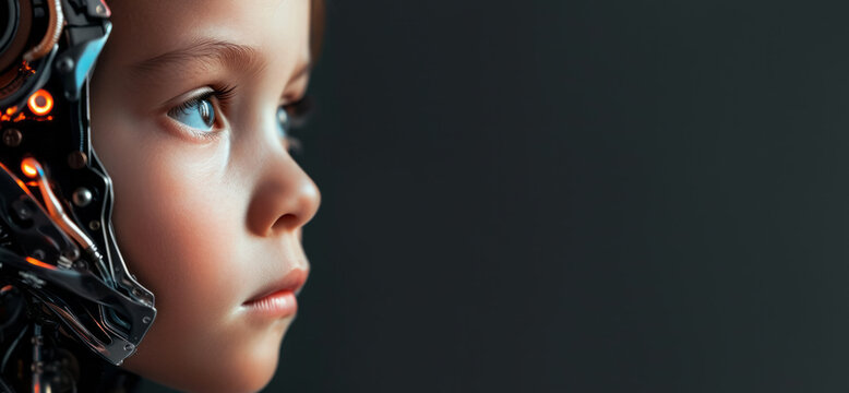 Portrait of a cyborg robot child with technical elements and sensors on his face and head. Concept for the development of a technological new generation of children, banner with copyspace